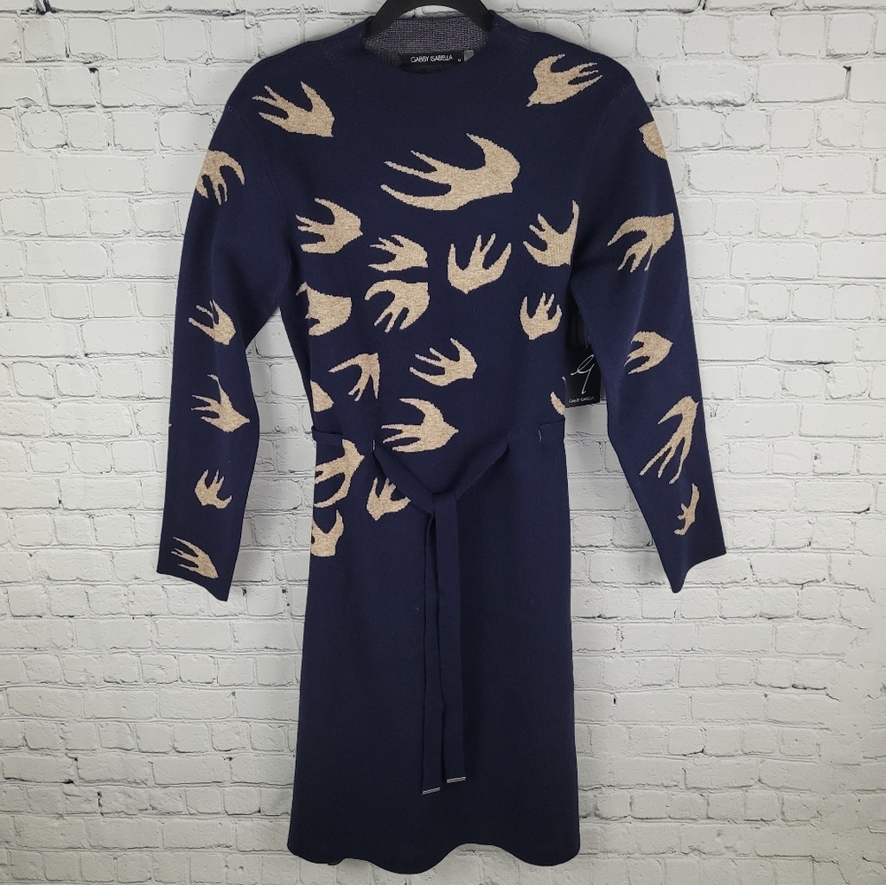 GABBY ISABELLA | long sleeve knit belted mock neck navy swallow bird dress